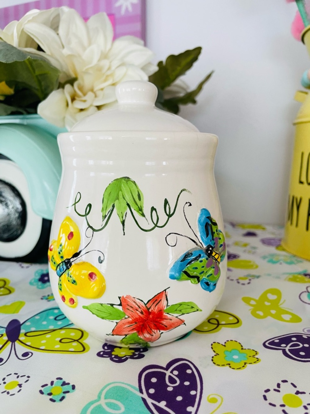 Vintage Ceramic Jar with Colorful Butterflies